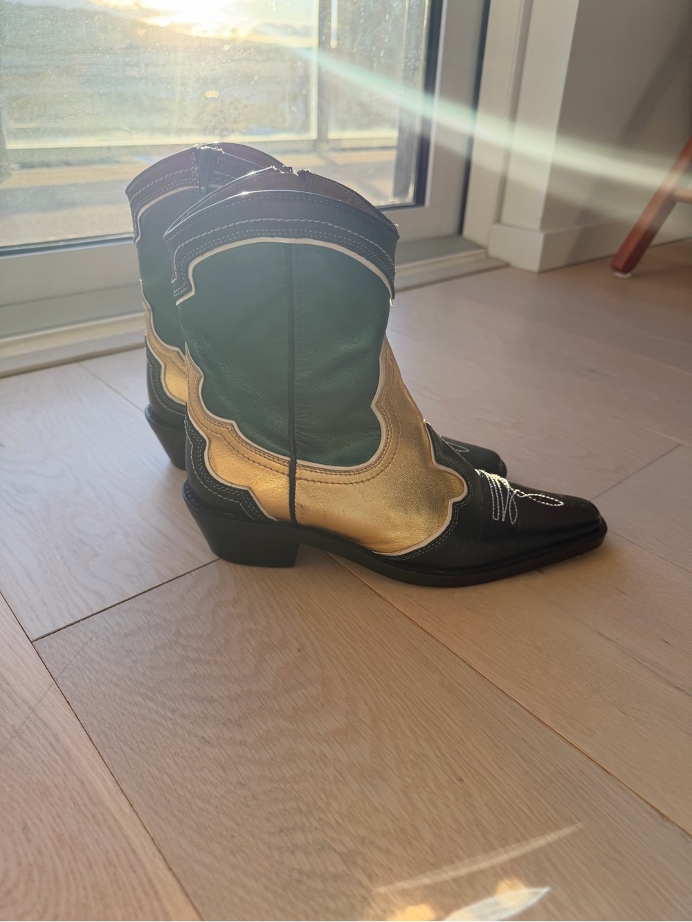 Zara Colorblock Lace-Up Western Boots in Green, Gold & Black